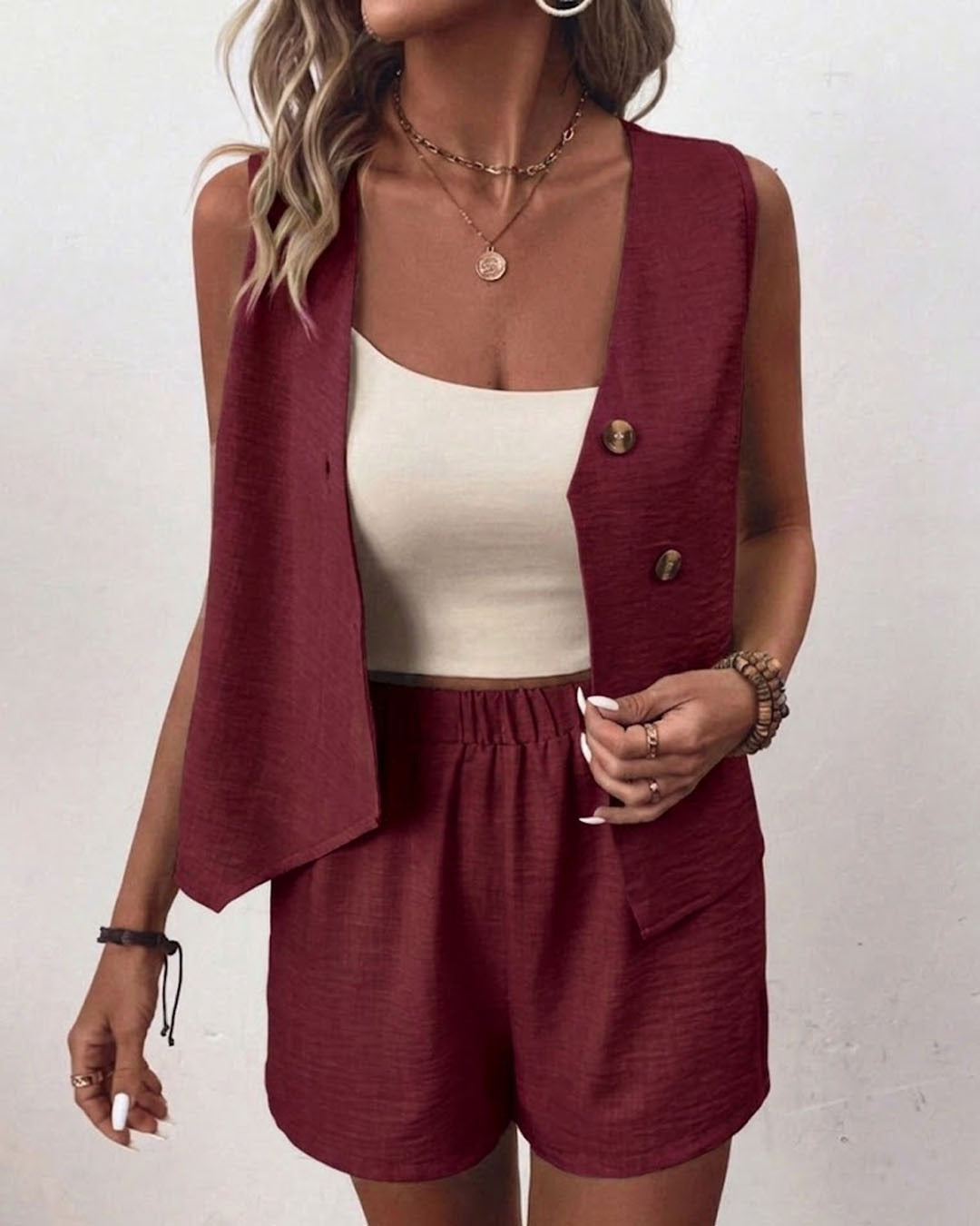 Tie Front Top And Mini Shorts Two Piece Set in Burgundy