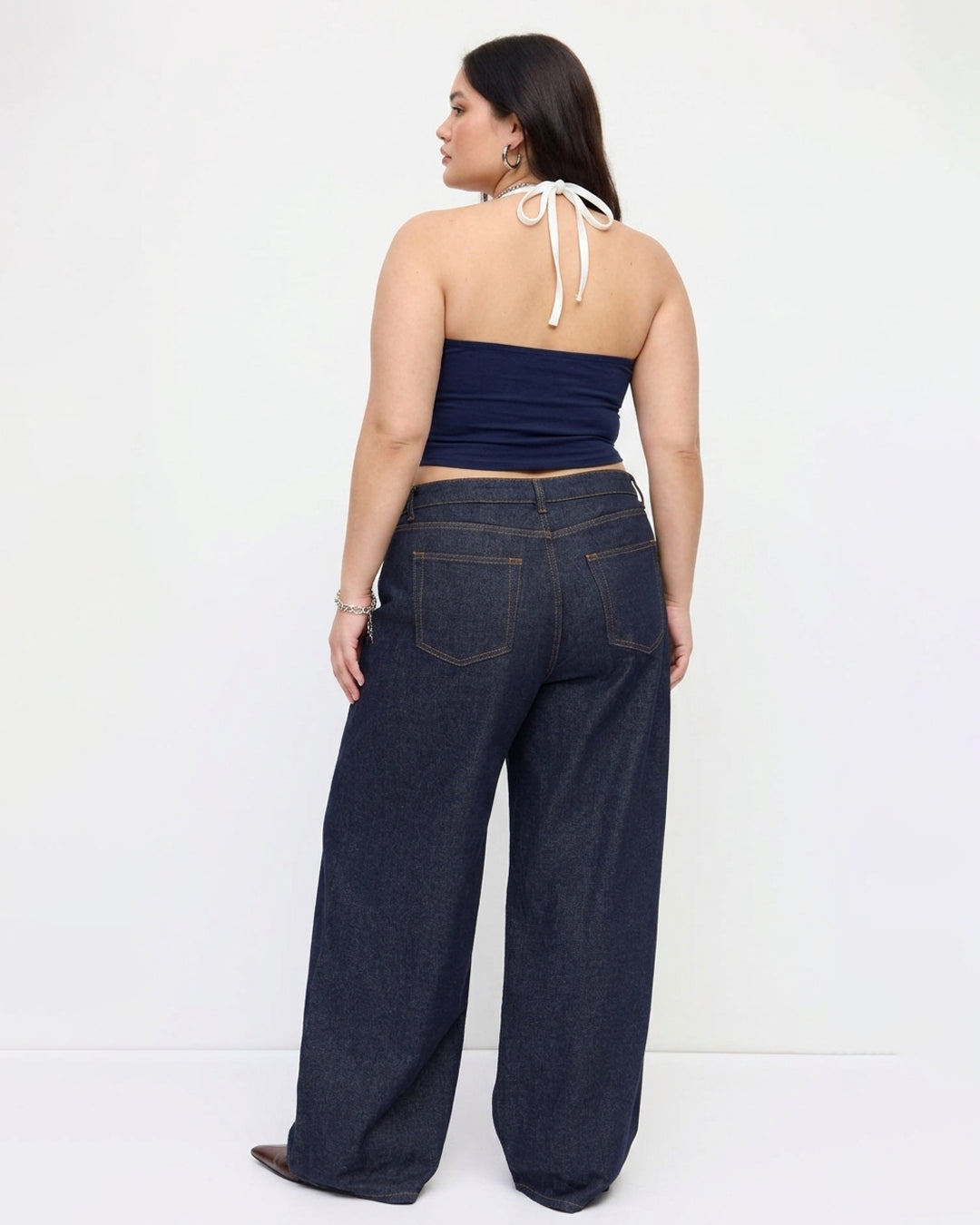 Sporty Ruched Halter Neck Racerback Top Curve And Plus in Navy Blue