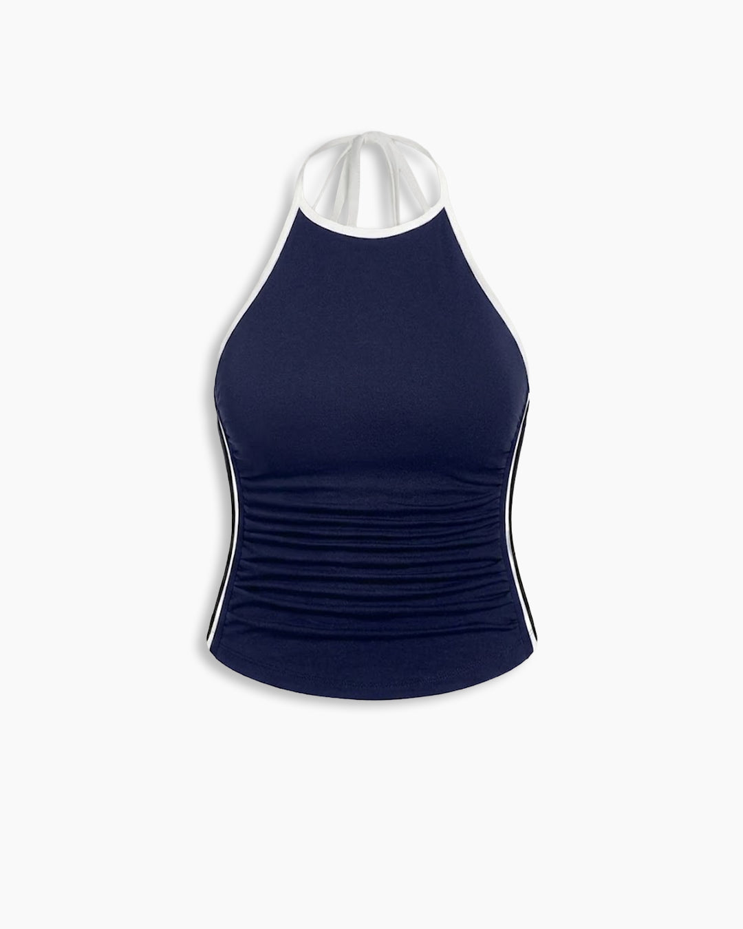 Sporty Ruched Halter Neck Racerback Top Curve And Plus in Navy Blue