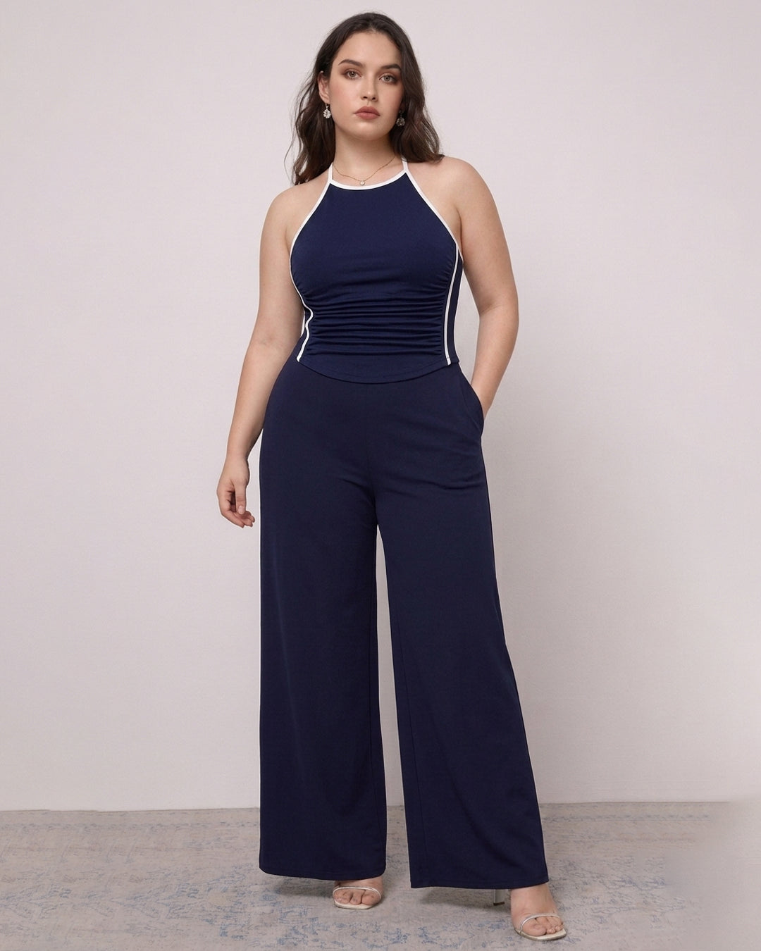 Sporty Ruched Halter Neck Racerback Top Curve And Plus in Navy Blue