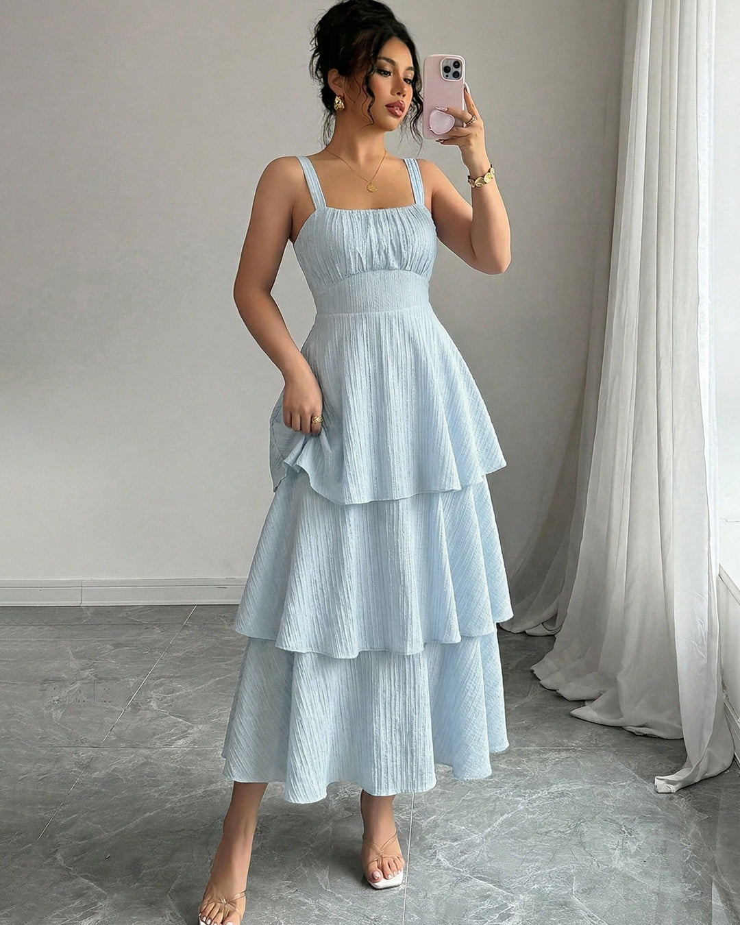 Sleeveless Fit and Flare Square Neck Tiered Maxi Dress in Baby Blue