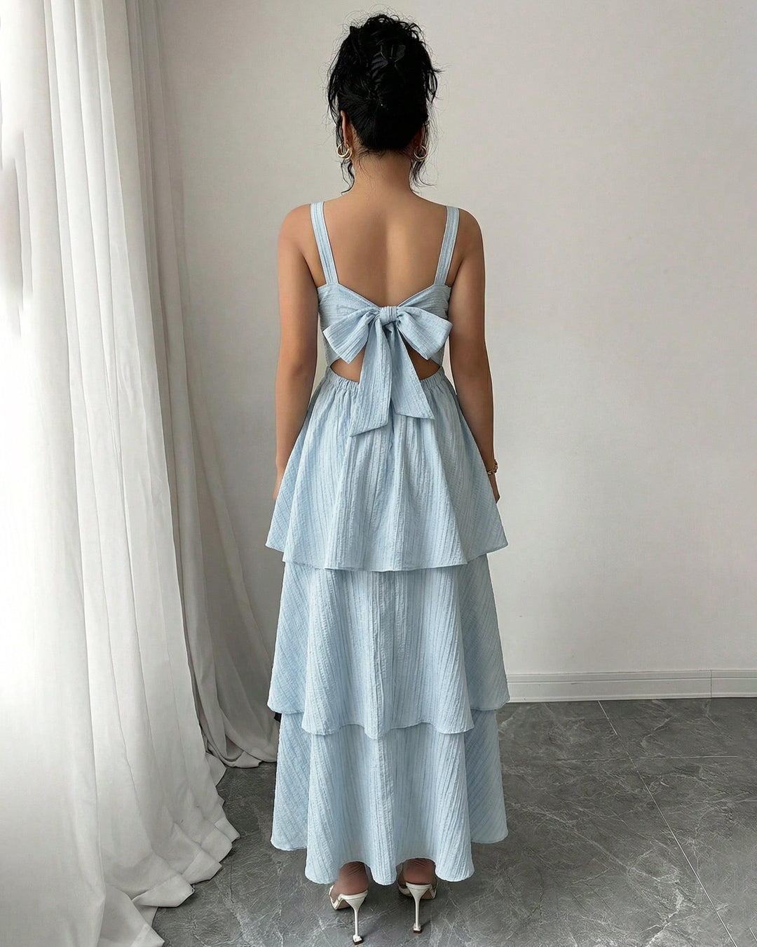 Sleeveless Fit and Flare Square Neck Tiered Maxi Dress in Baby Blue
