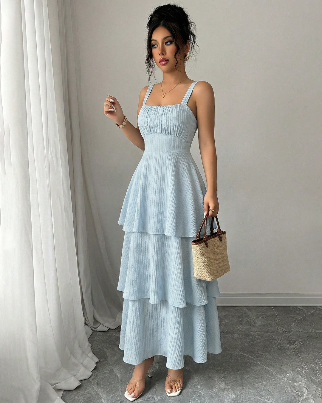 Sleeveless Fit and Flare Square Neck Tiered Maxi Dress in Baby Blue