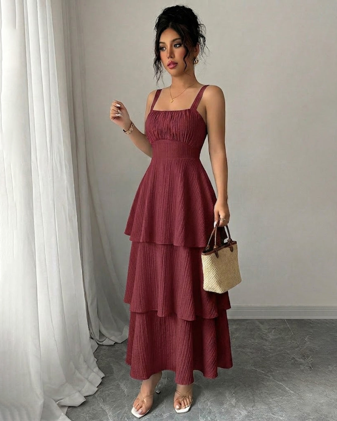 Sleeveless Fit and Flare Square Neck Tiered Maxi Dress in Crimson Red