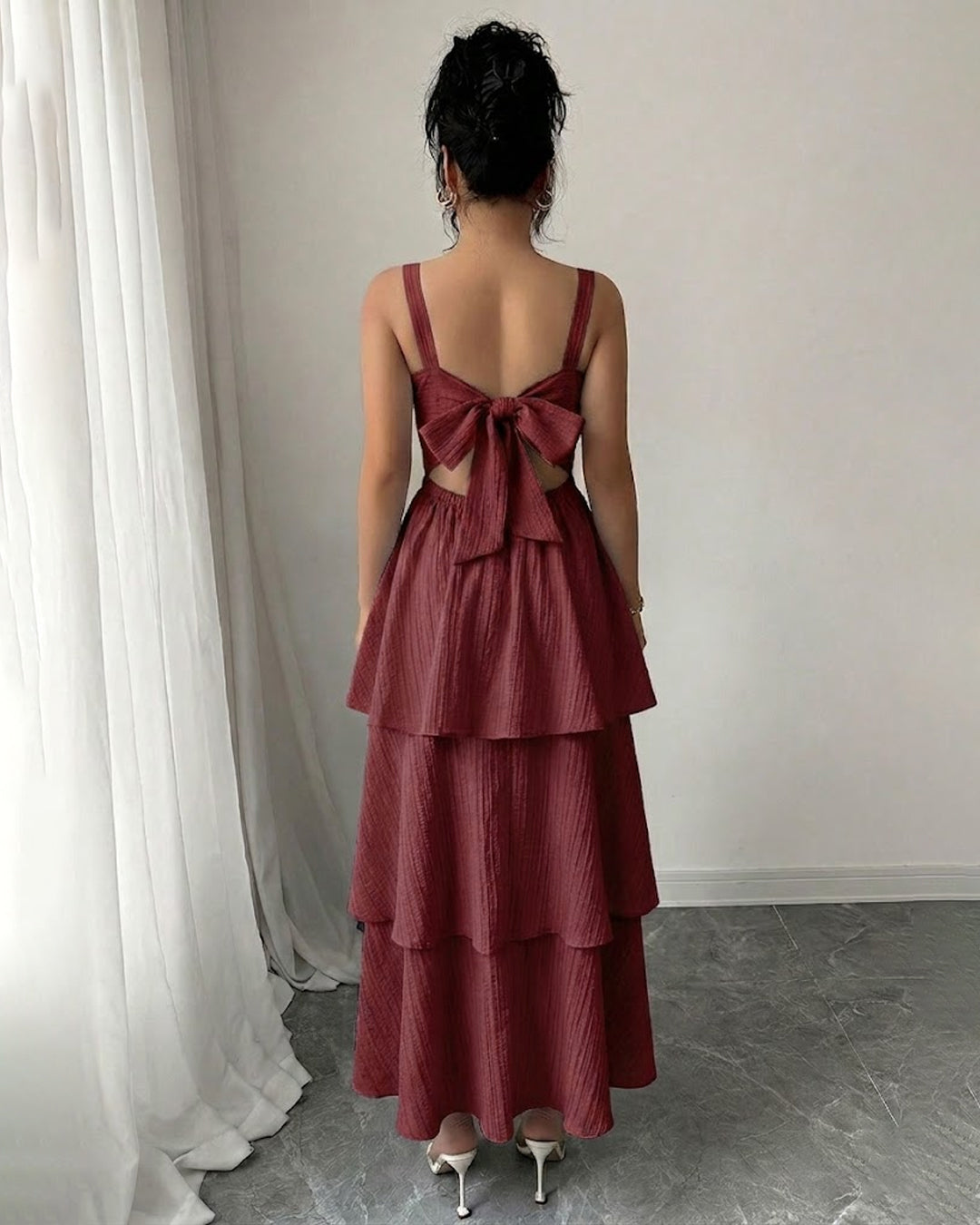 Sleeveless Fit and Flare Square Neck Tiered Maxi Dress in Crimson Red