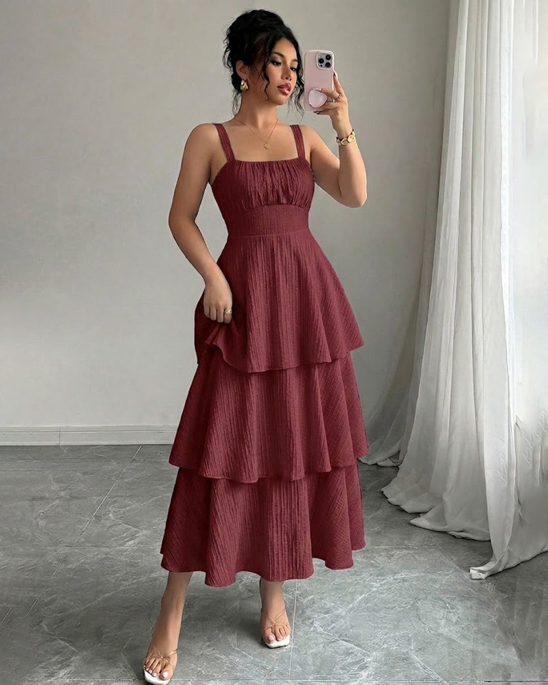 Sleeveless Fit and Flare Square Neck Tiered Maxi Dress in Crimson Red