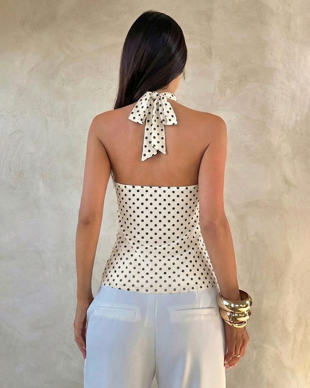 Halter Neck Regular Asymmetrical Ruffle Hem Polka Dot Pattern Sleeveless Top in Off White