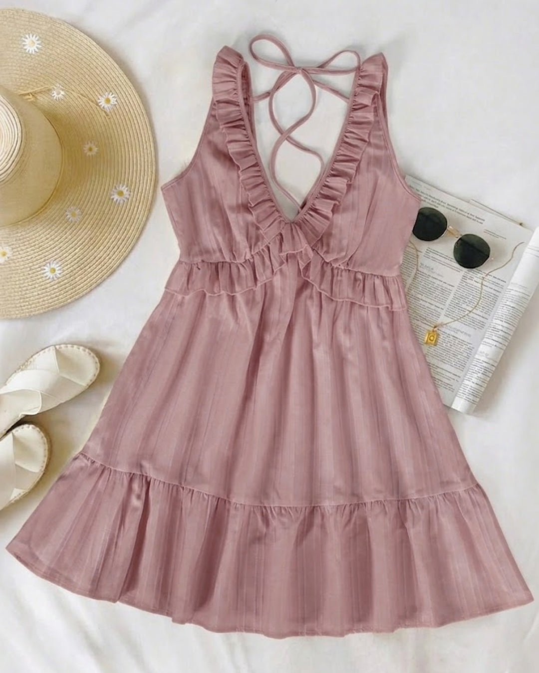 V-Neck Fit and Flare Sleeveless Ruffle Mini Dress in Dusty Pink