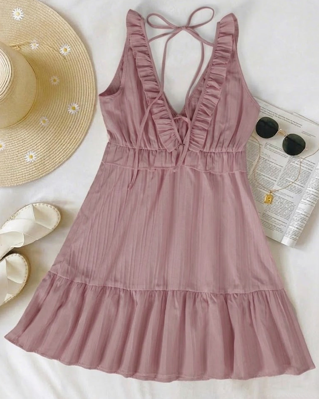 V-Neck Fit and Flare Sleeveless Ruffle Mini Dress in Dusty Pink