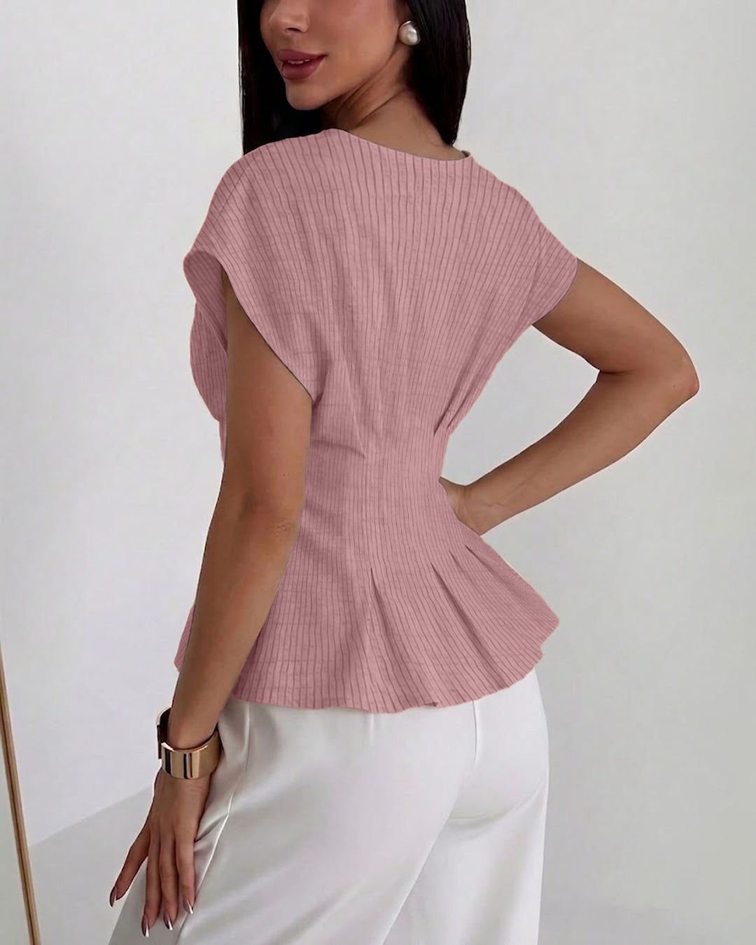 Boat Neck Fitted Flared Hem Striped Half Sleeves Top in Dusty Pink