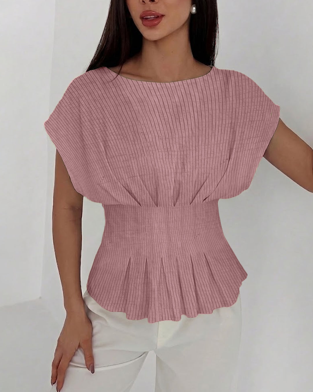 Boat Neck Fitted Flared Hem Striped Half Sleeves Top in Dusty Pink
