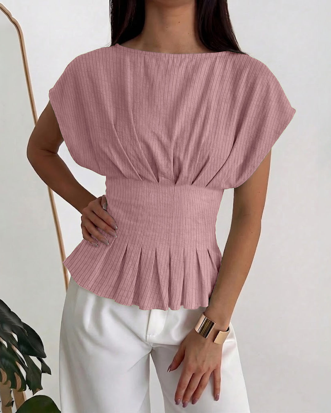 Boat Neck Fitted Flared Hem Striped Half Sleeves Top in Dusty Pink
