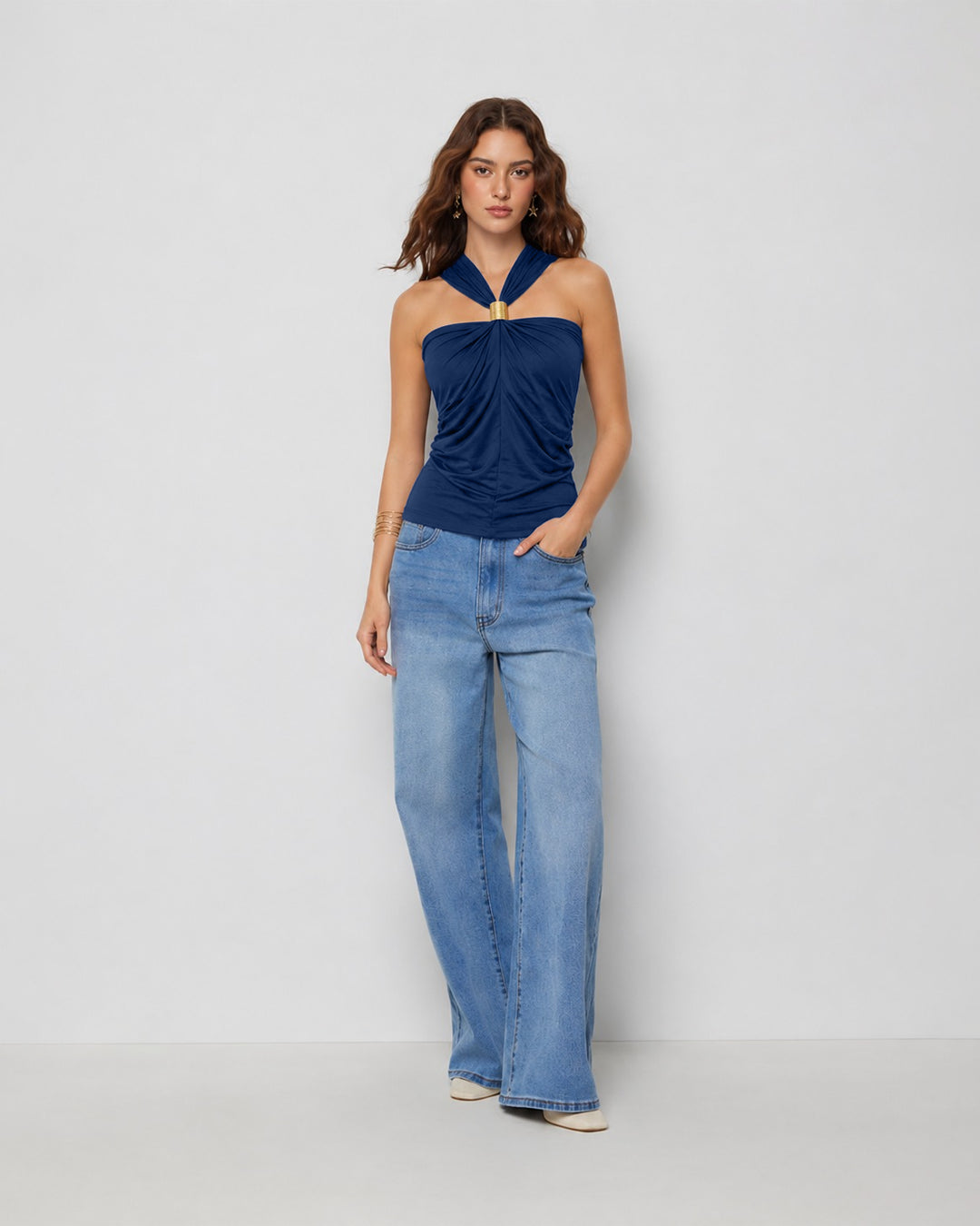 Elegant Twist Front Halter Top in Navy Blue