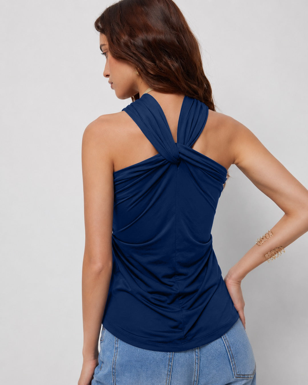 Elegant Twist Front Halter Top in Navy Blue