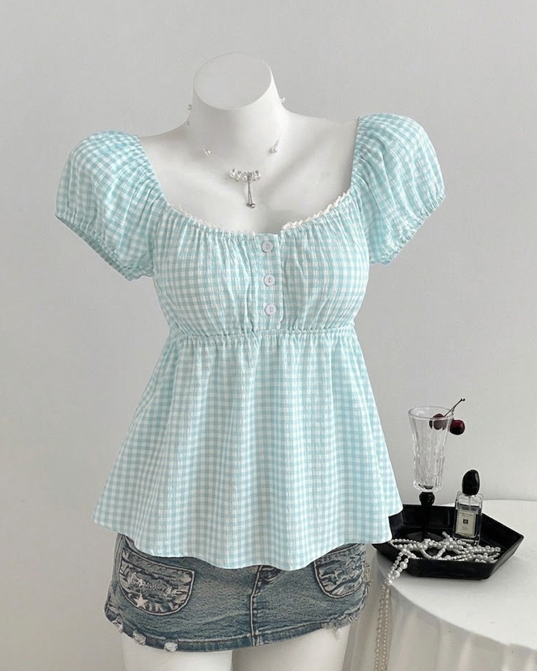 Cute Striped Puff Sleeve Summer Top in Baby Blue