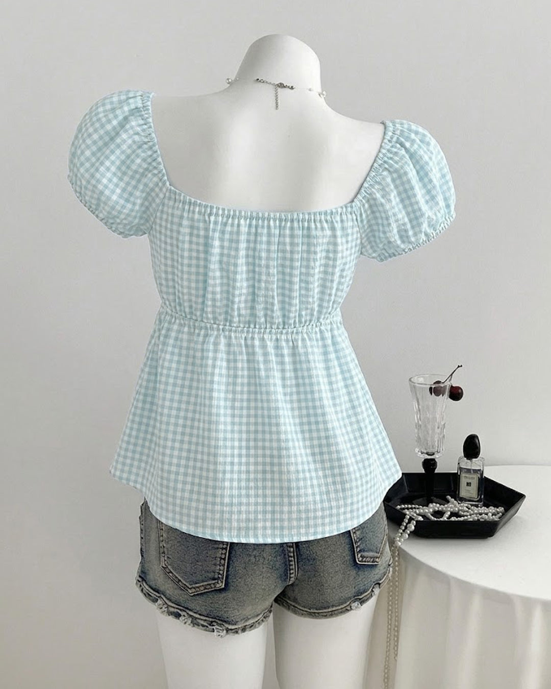 Cute Striped Puff Sleeve Summer Top in Baby Blue
