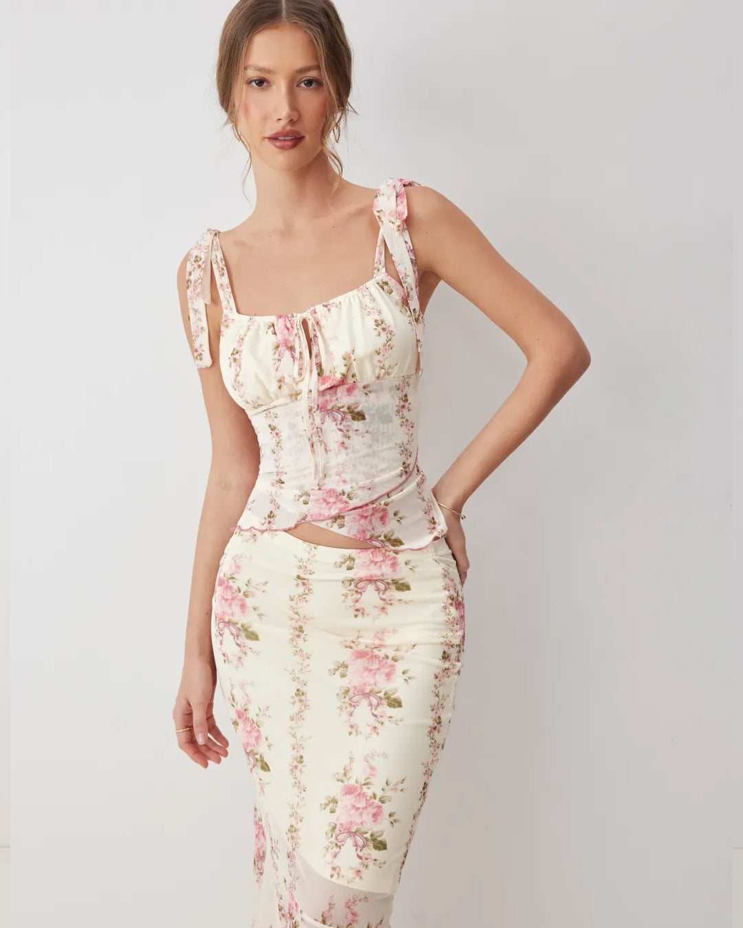Floral Tie Strap Top & Mermaid Skirt Co-Ord Set in Classic White