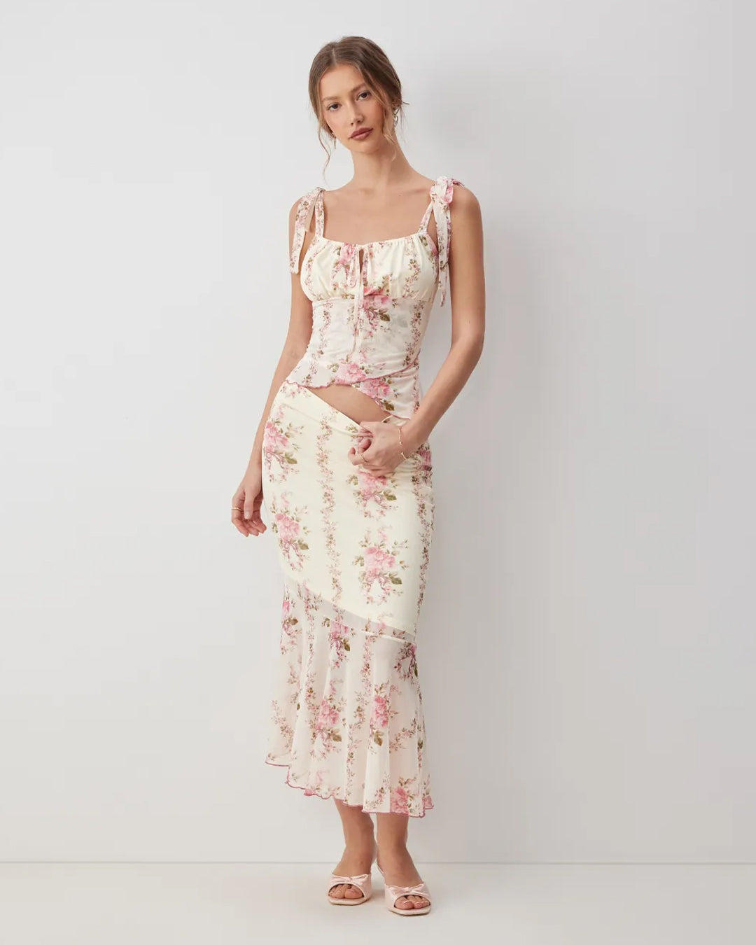 Floral Tie Strap Top & Mermaid Skirt Co-Ord Set in Classic White