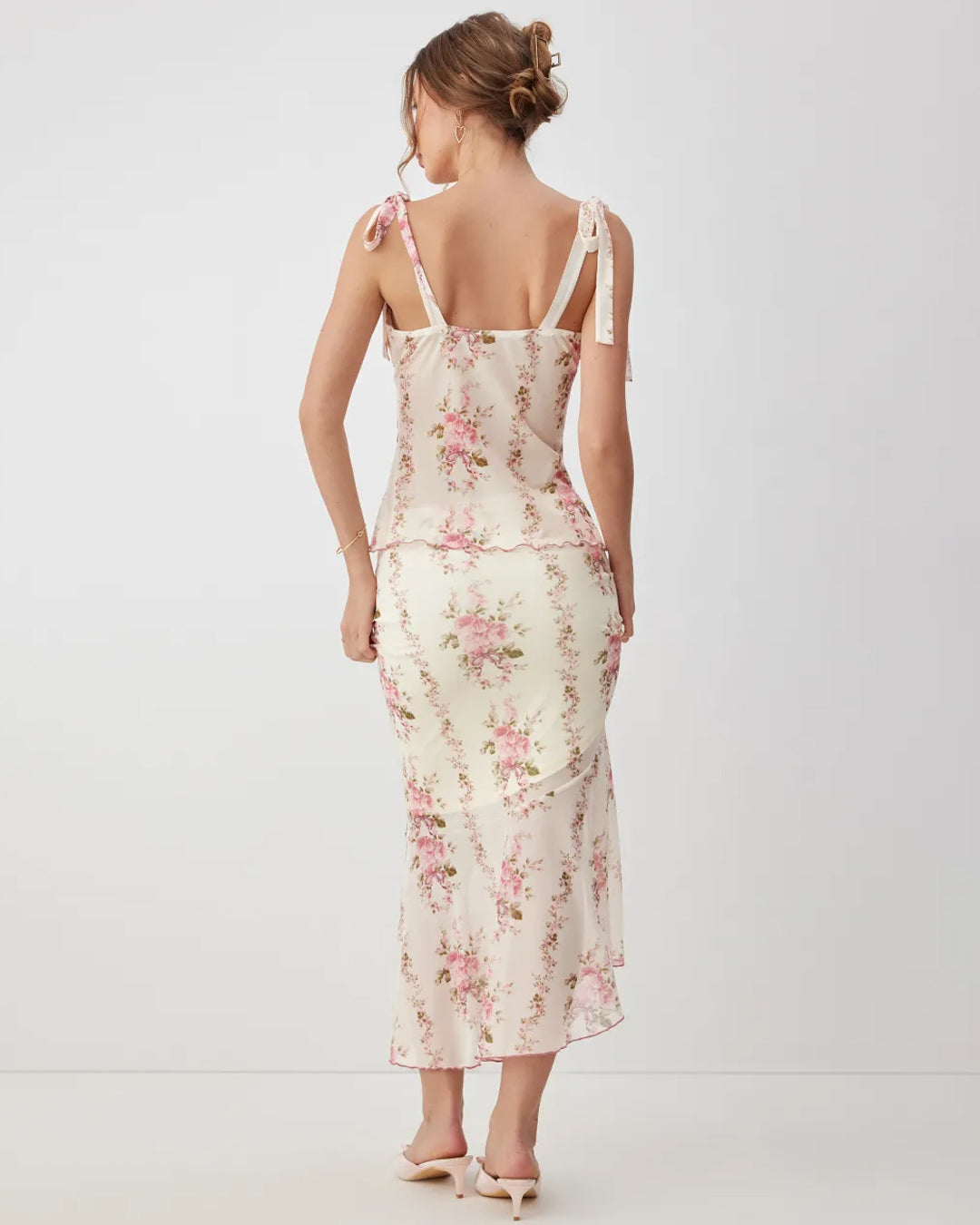 Floral Tie Strap Top & Mermaid Skirt Co-Ord Set in Classic White