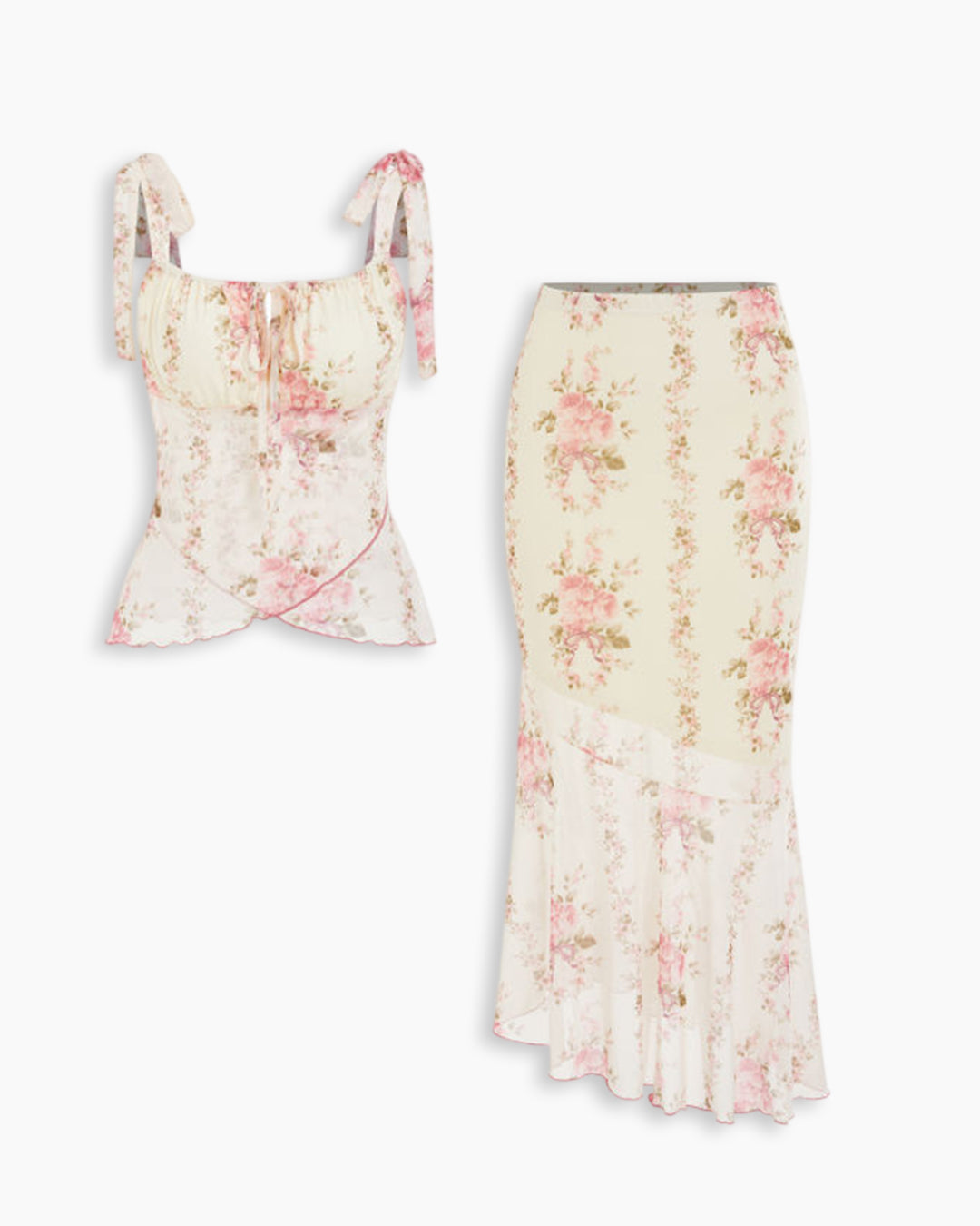 Floral Tie Strap Top & Mermaid Skirt Co-Ord Set in Classic White