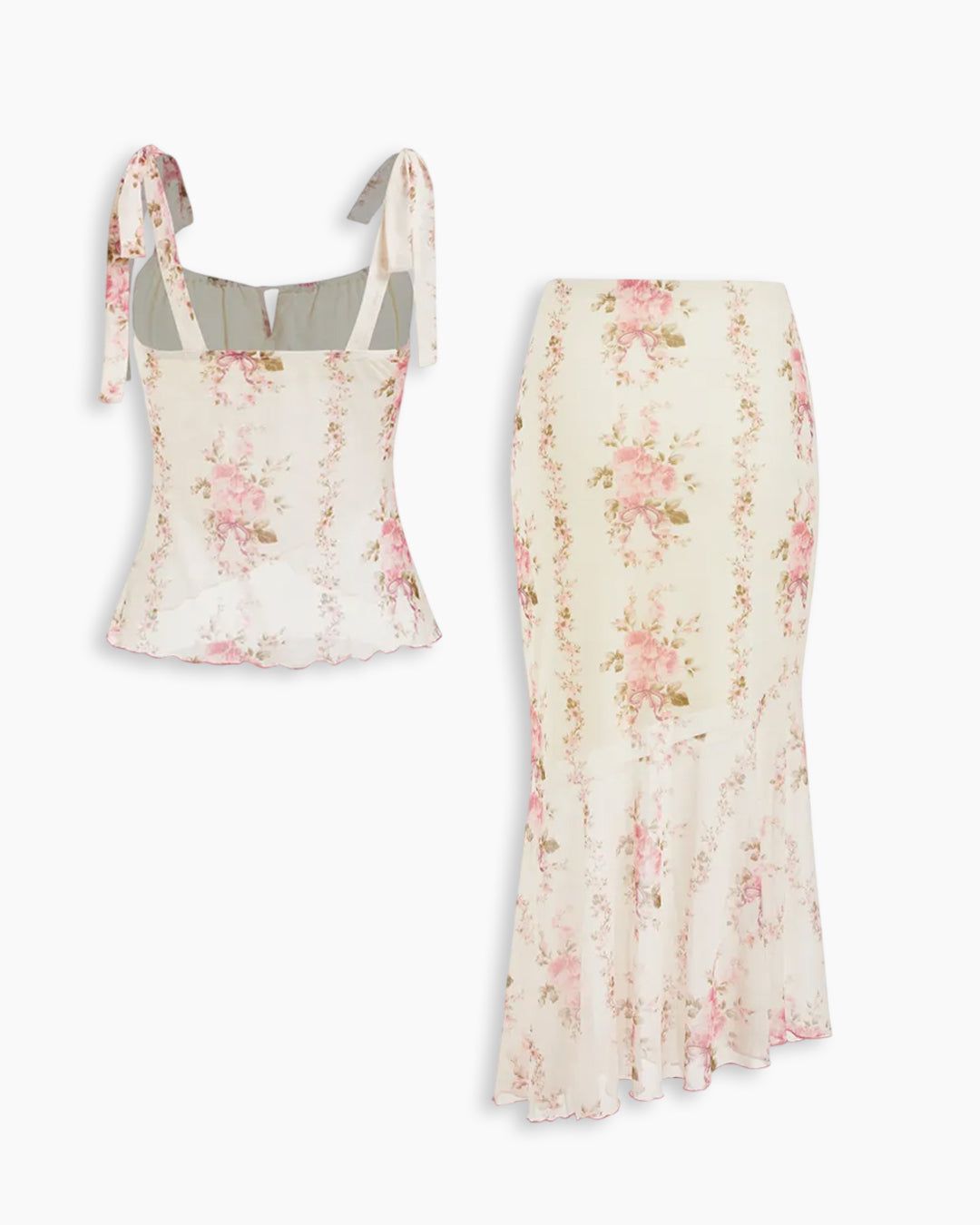 Floral Tie Strap Top & Mermaid Skirt Co-Ord Set in Classic White