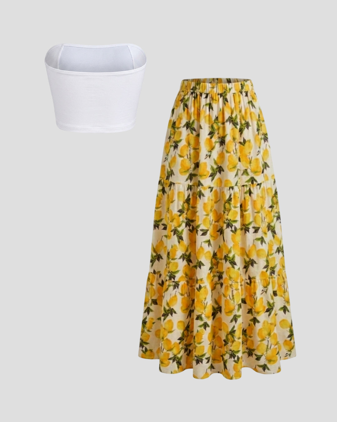 Strapless Tube Top & Floral Tiered Maxi Skirt Set in Classic White and Butter Yellow