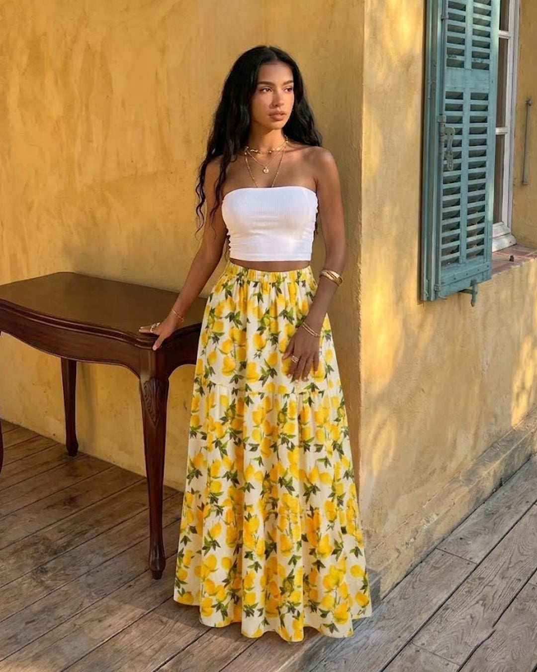 Strapless Tube Top & Floral Tiered Maxi Skirt Set in Classic White and Butter Yellow