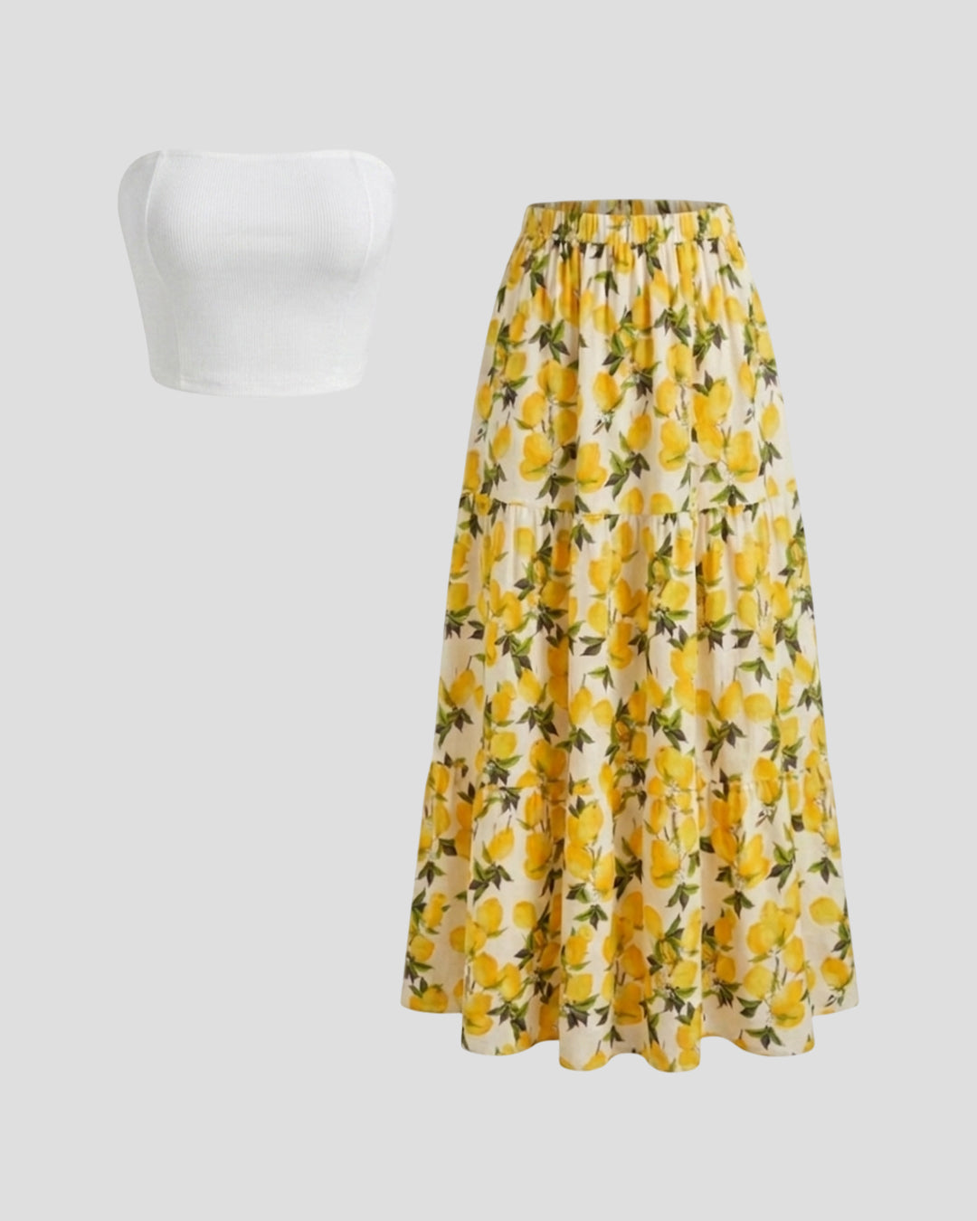 Strapless Tube Top & Floral Tiered Maxi Skirt Set in Classic White and Butter Yellow
