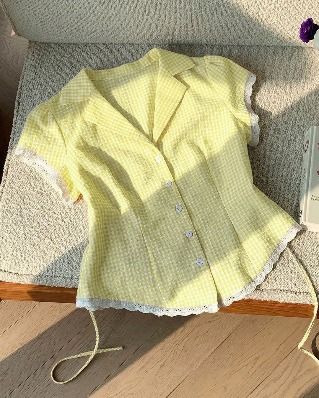 Casual Gingham Striped Button Up Shirt in Butter Yellow