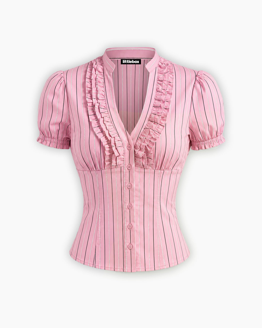 V-neck Lettuce Trim Striped Short Sleeve Top in Powder Pink