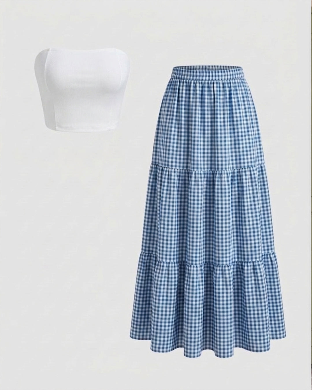 Strapless Tube Top & Striped Tiered Maxi Skirt Set in Classic White and Sky Blue