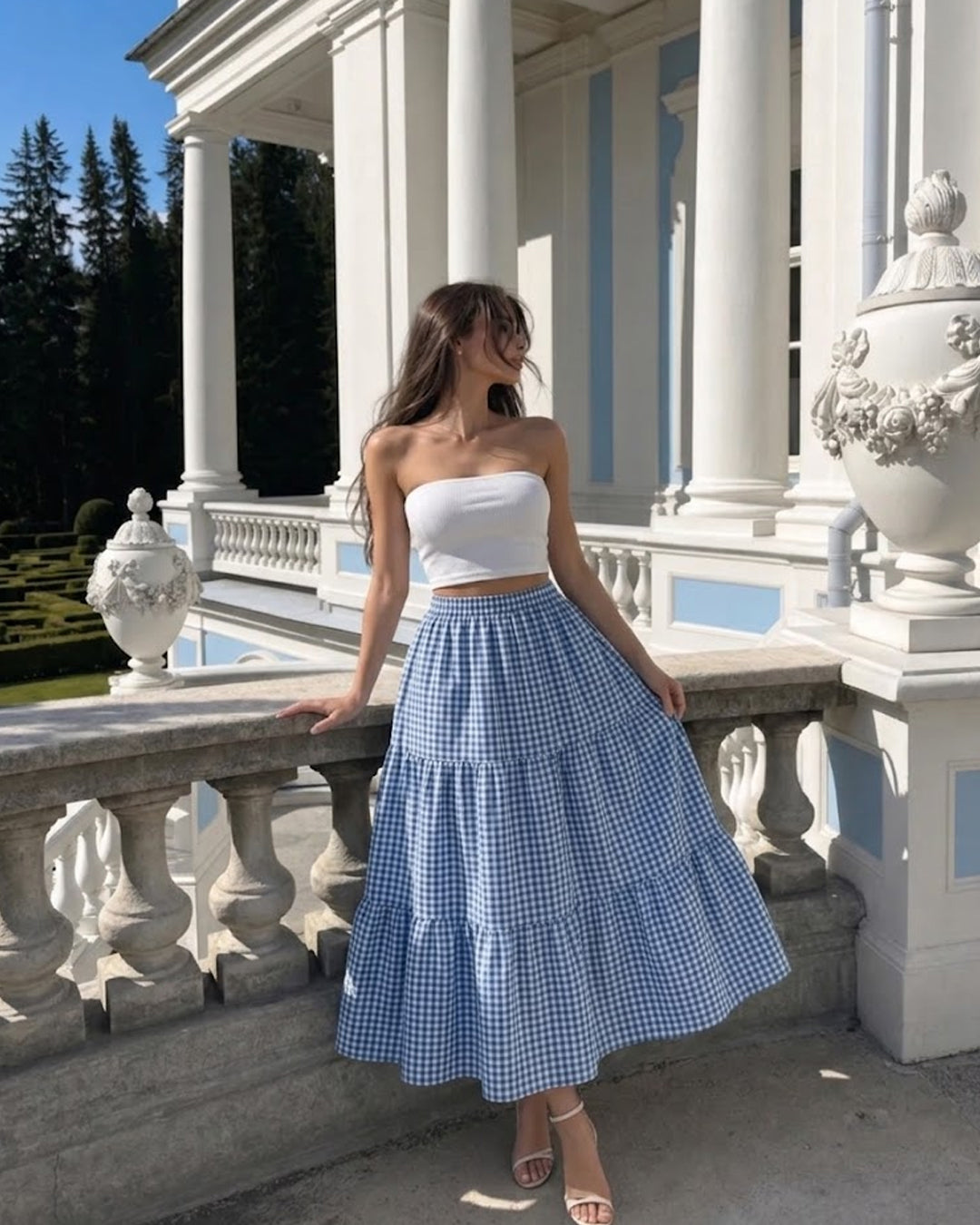 Strapless Tube Top & Striped Tiered Maxi Skirt Set in Classic White and Sky Blue