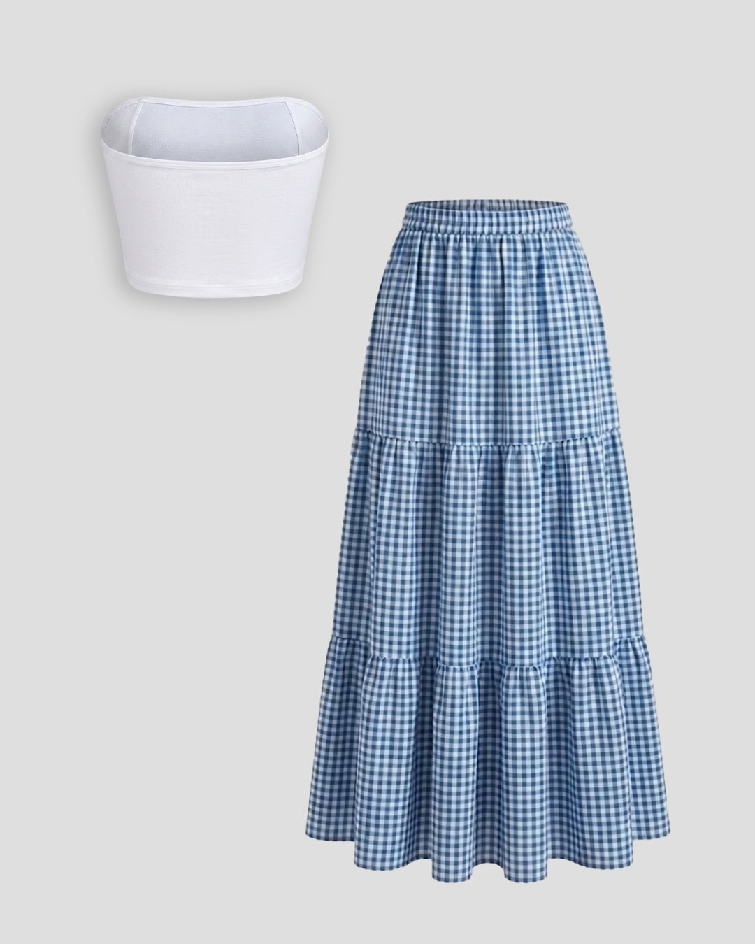 Strapless Tube Top & Striped Tiered Maxi Skirt Set in Classic White and Sky Blue