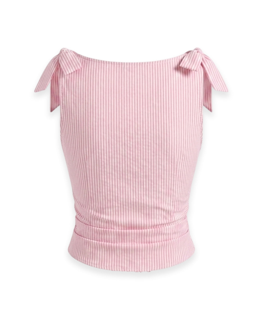 Boat Neckline Striped Bowknot Ruched Tank Top in Baby Pink