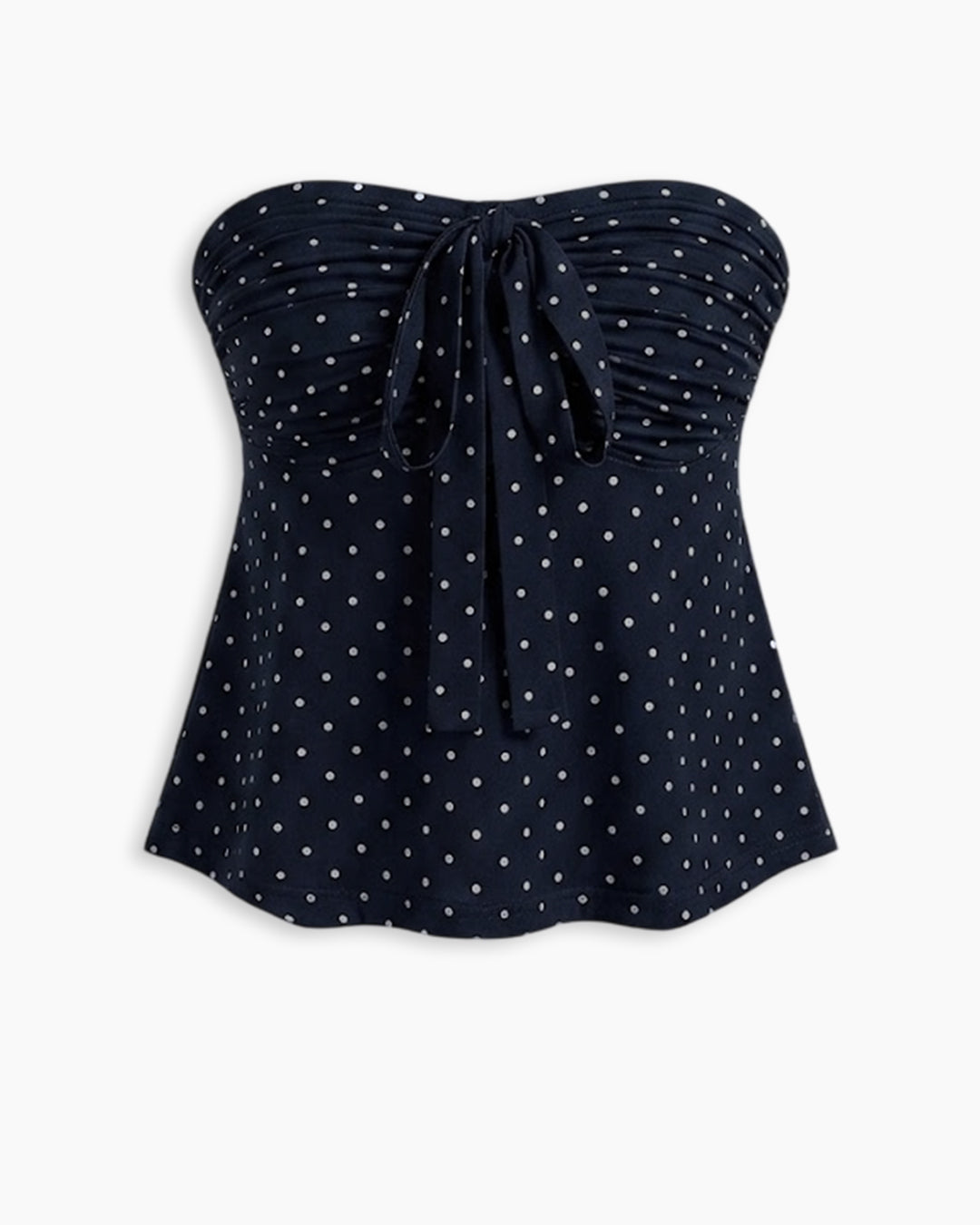 Strapless Ruched Polka Dot Tie-Up Top in Dark Navy Blue