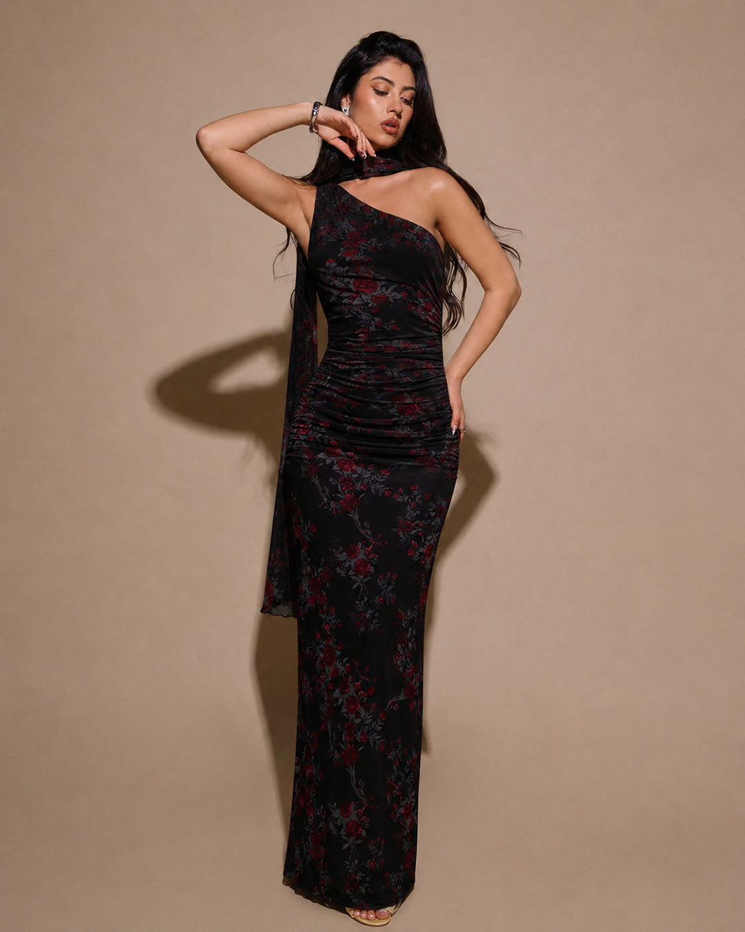 Asymmetrical Neck Floral Ruched Bodycon Mesh Dress With Scarf in Classic Black
