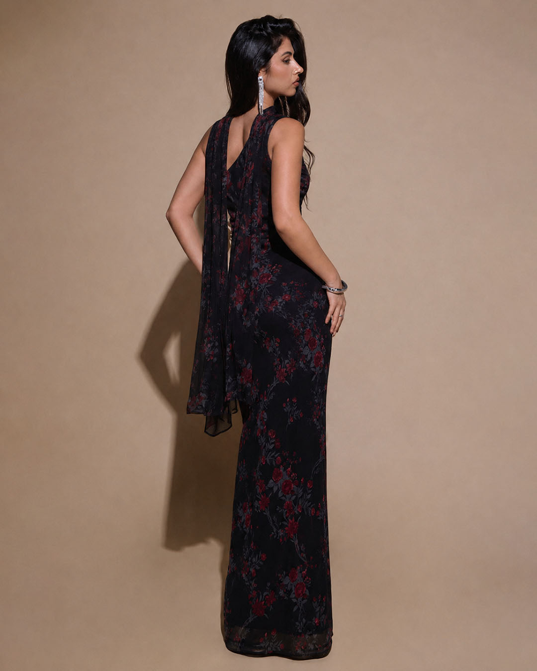 Asymmetrical Neck Floral Ruched Bodycon Mesh Dress With Scarf in Classic Black