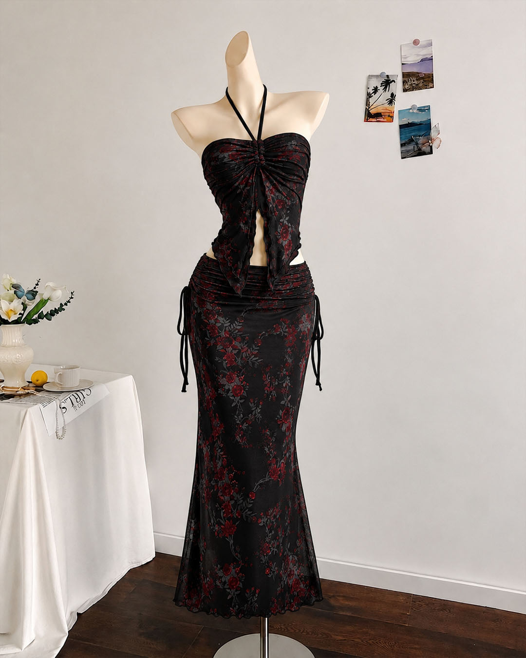 Bohemian Strapless Sleeveless Floral Mesh Ruffle Top And Mermaid Skirt Set in Classic Black