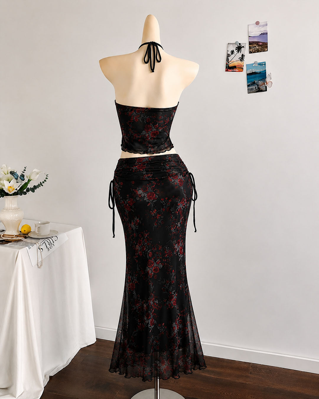 Bohemian Strapless Sleeveless Floral Mesh Ruffle Top And Mermaid Skirt Set in Classic Black