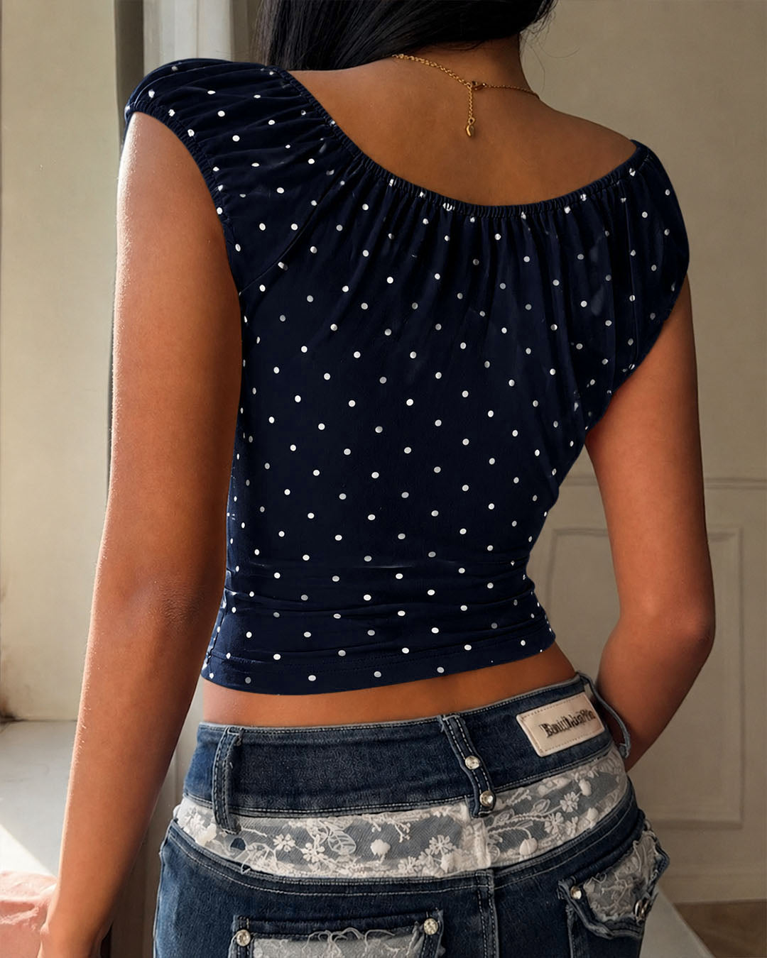 Ruched Slim Fit Polka Dot Short Sleeve Crop Top in Dark Navy Blue