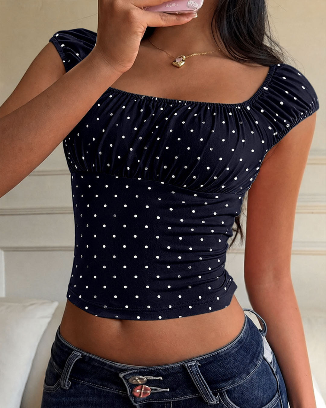 Ruched Slim Fit Polka Dot Short Sleeve Crop Top in Dark Navy Blue