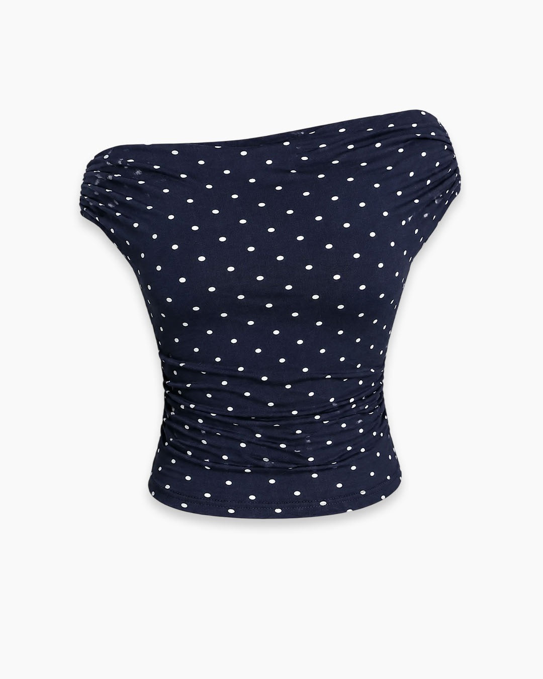 Off-Shoulder Polka Dot Fitted Stylish Draped Design Top in Dark Navy Blue