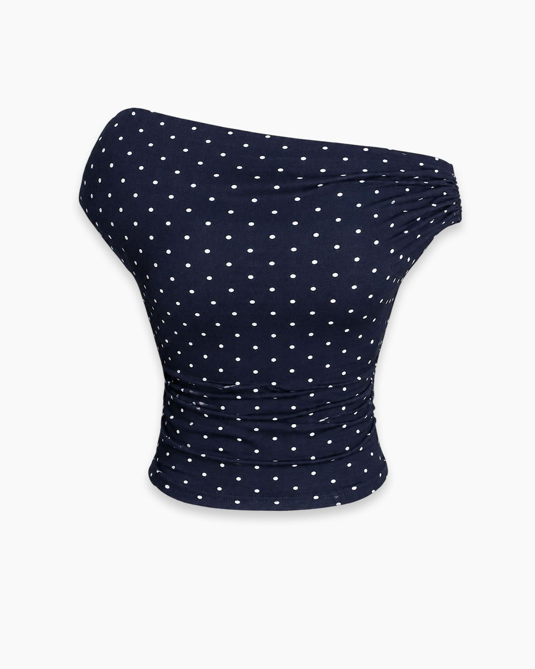 Off-Shoulder Polka Dot Fitted Stylish Draped Design Top in Dark Navy Blue