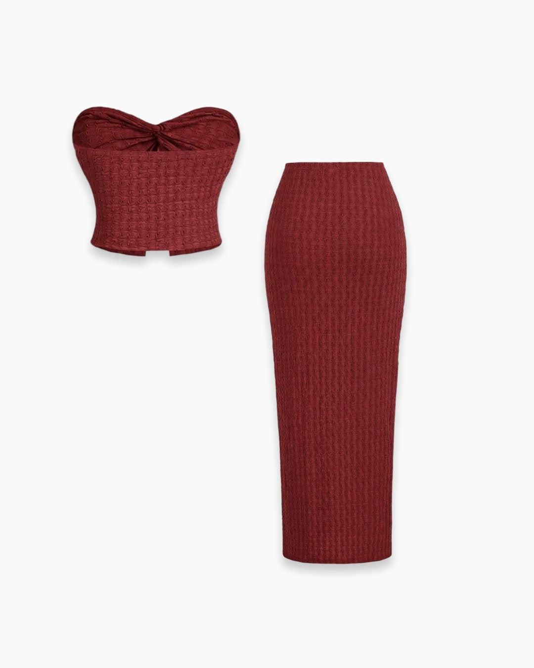Knitted Two-Piece Set with Strapless Top and Fitted Skirt in Crimson Red