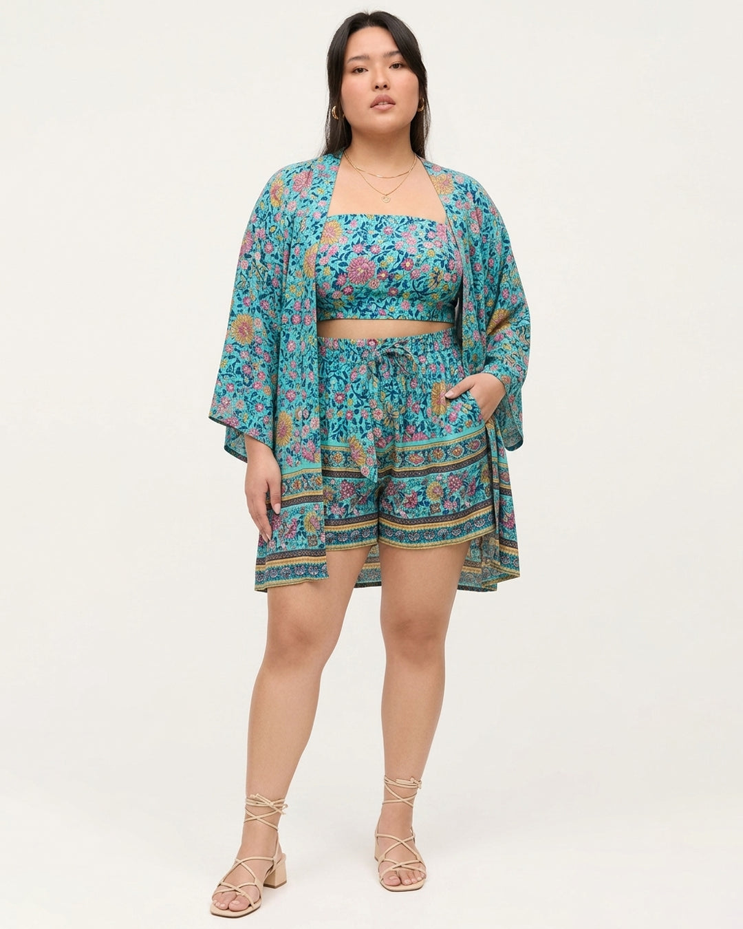 Boho & Chic Floral Three Piece Co-Ord Set Curve and Plus in Sky Blue