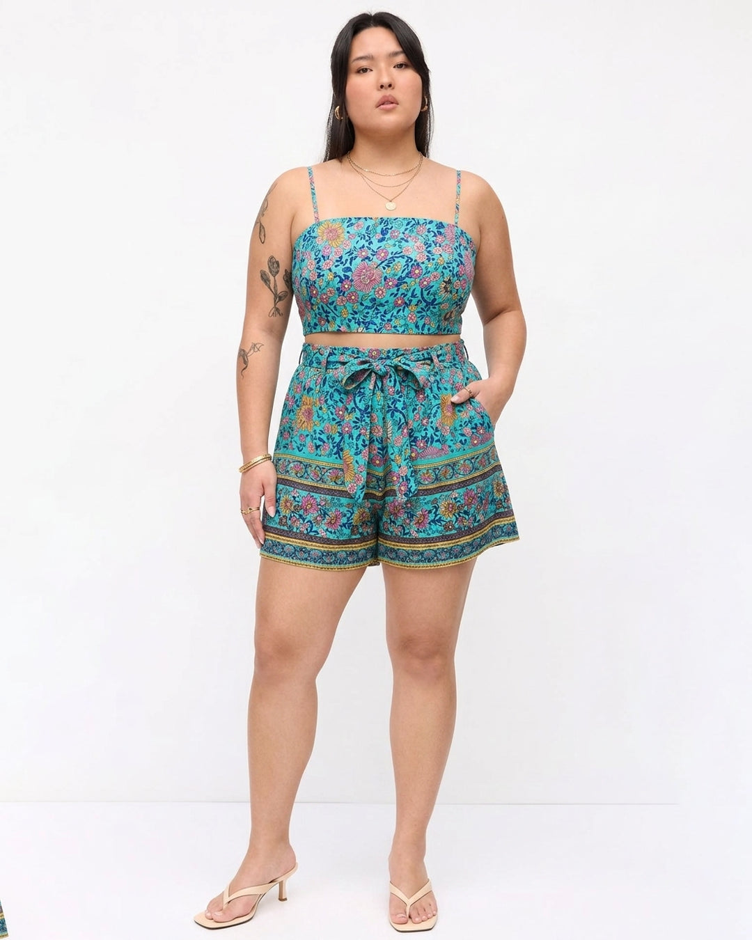 Boho & Chic Floral Three Piece Co-Ord Set Curve and Plus in Sky Blue