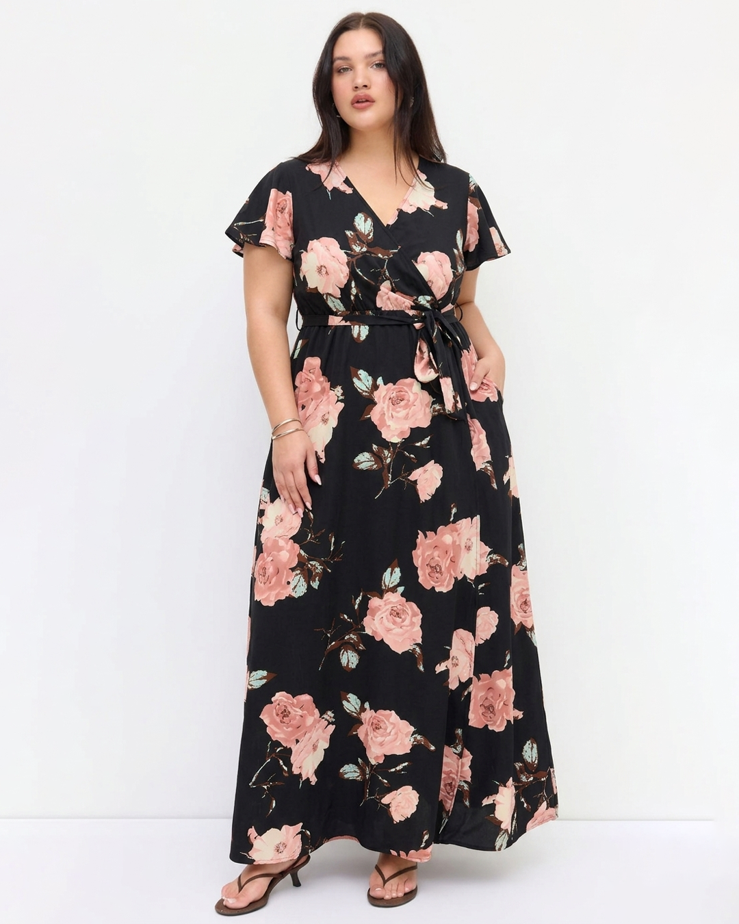 Rose Floral Print Flutter Sleeve Maxi Dress Curve and Plus in Classic Black