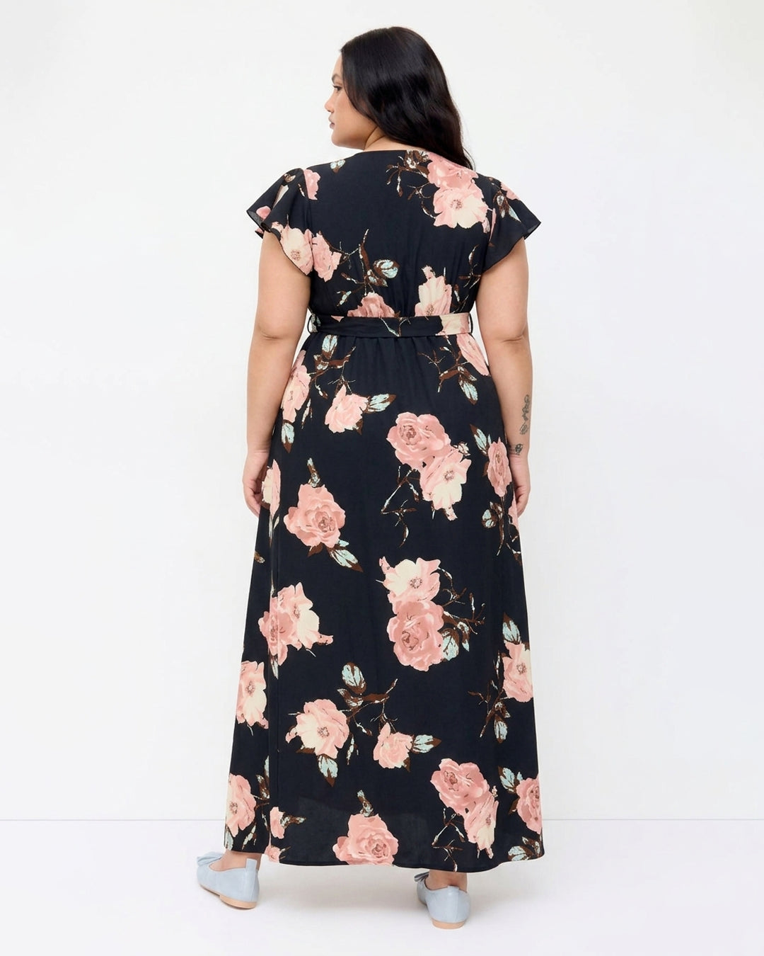 Rose Floral Print Flutter Sleeve Maxi Dress Curve and Plus in Classic Black
