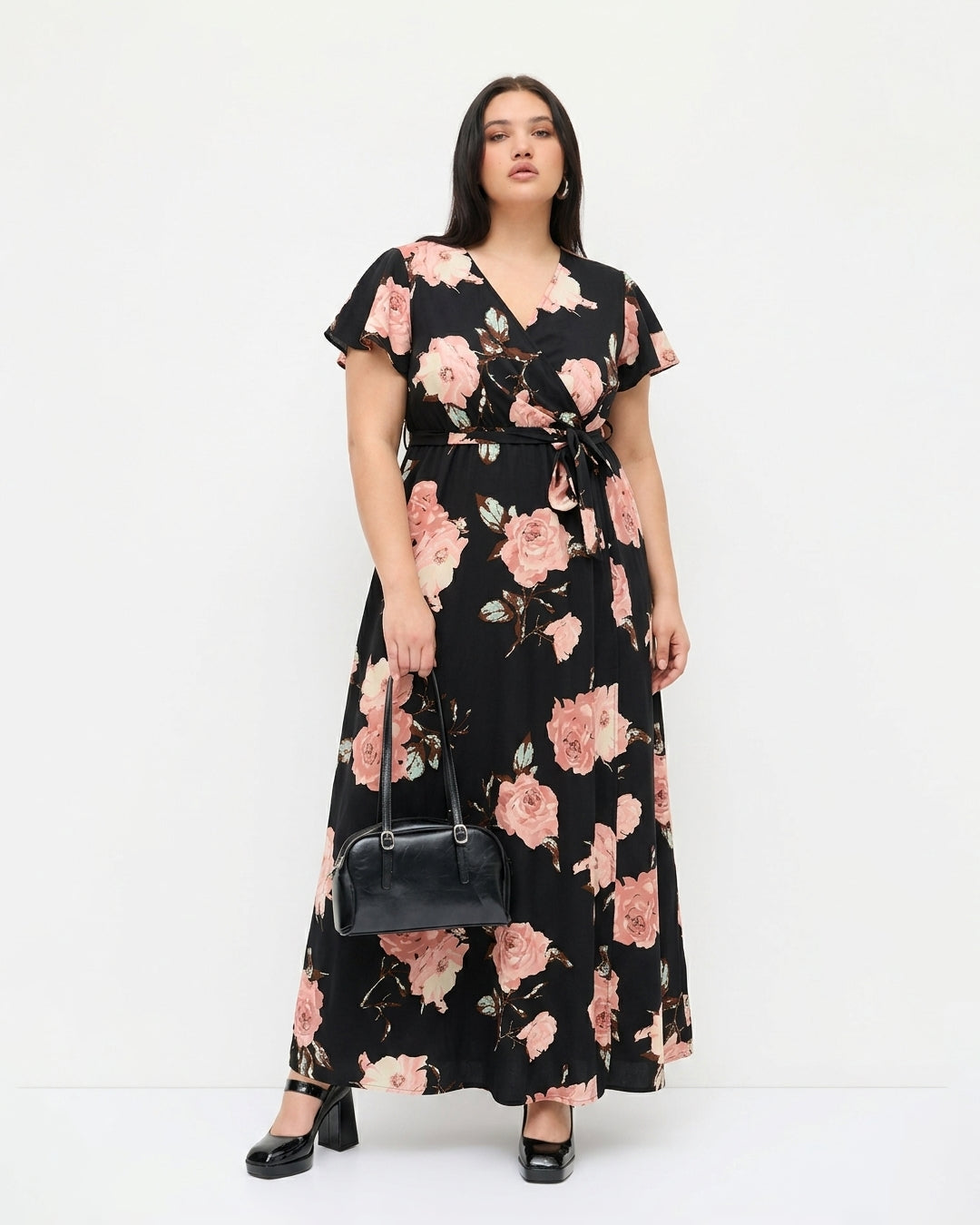 Rose Floral Print Flutter Sleeve Maxi Dress Curve and Plus in Classic Black