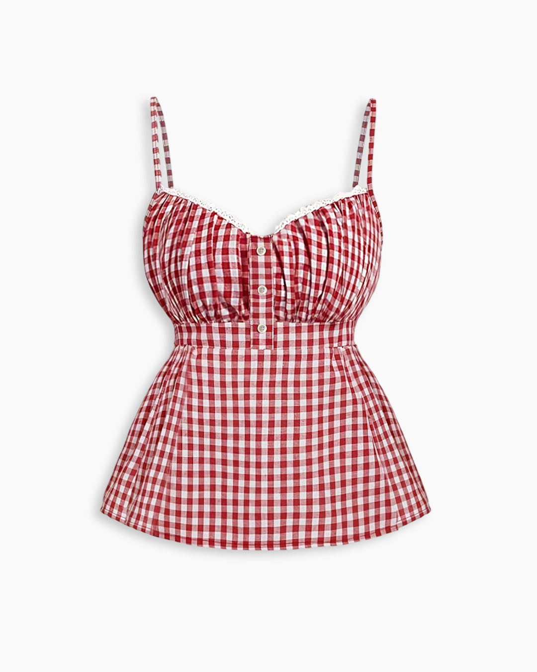 Plaid Button Lace Trim Spliced Spaghetti Strap Top in Red